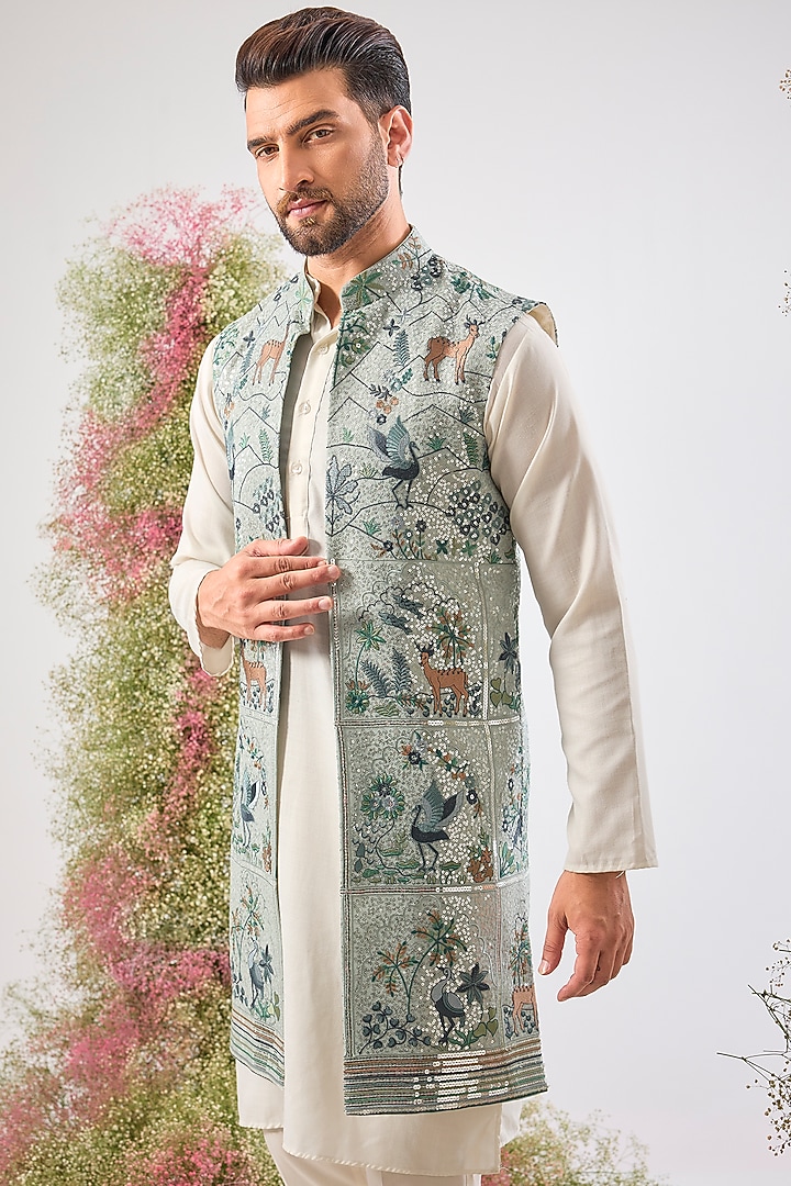 Blue Georgette Floral & Sequin Work Jacket by Kasbah Clothing at Pernia's Pop Up Shop