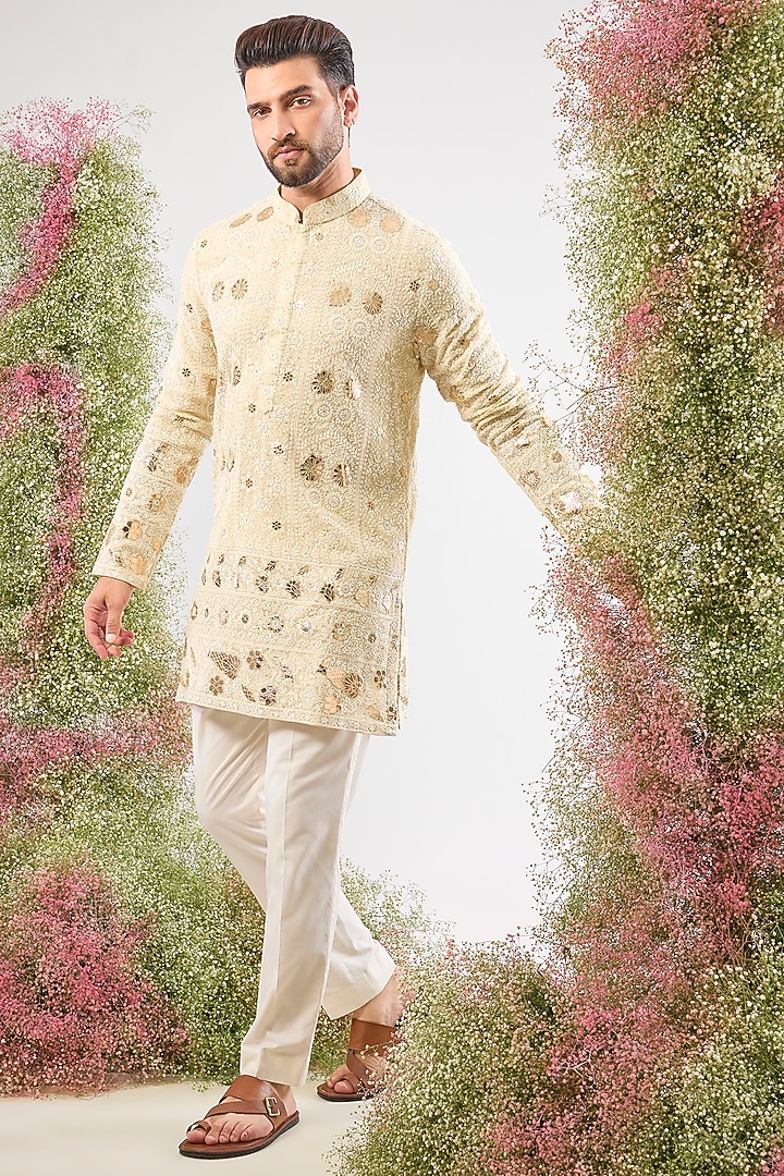 Beige Georgette Sequin & Patch Work Kurta by Kasbah Clothing at Pernia's Pop Up Shop