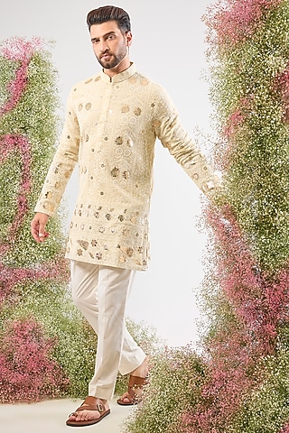 Beige Georgette Sequin & Patch Work Kurta by Kasbah Clothing