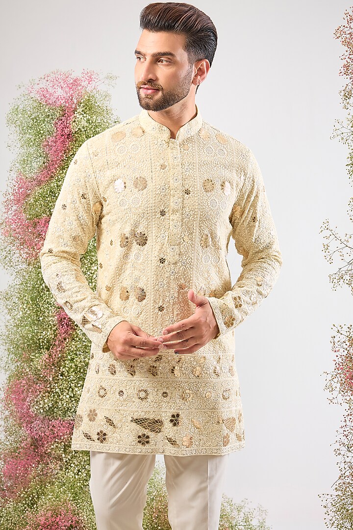 Beige Georgette Sequin & Patch Work Kurta by Kasbah Clothing at Pernia's Pop Up Shop