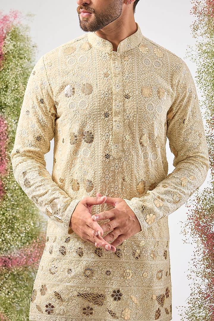 Beige Georgette Sequin & Patch Work Kurta by Kasbah Clothing at Pernia's Pop Up Shop