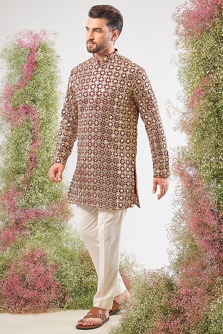 Maroon Georgette Sequin & Mirror Work Kurta by Kasbah Clothing at Pernia's Pop Up Shop