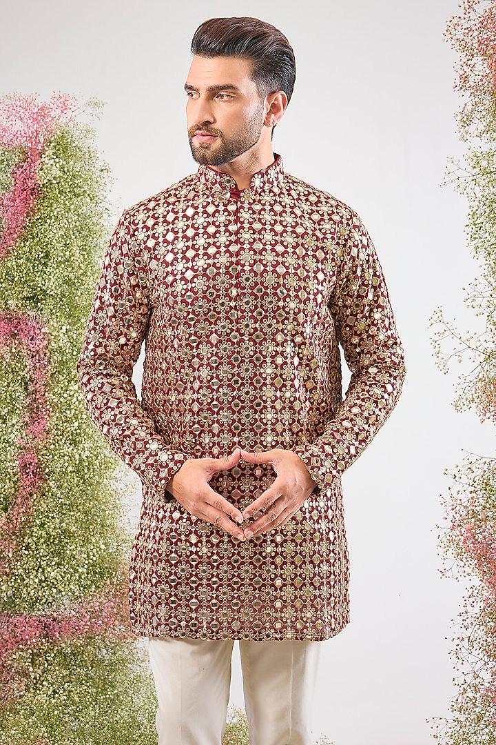 Maroon Georgette Sequin & Mirror Work Kurta by Kasbah Clothing at Pernia's Pop Up Shop