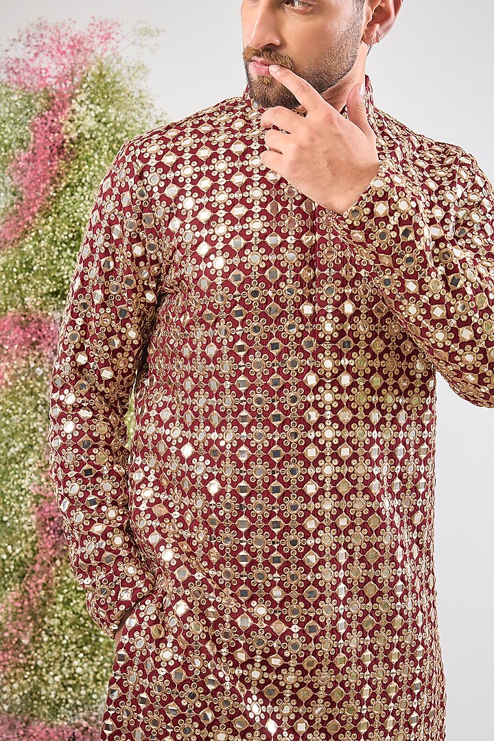 Maroon Georgette Sequin & Mirror Work Kurta by Kasbah Clothing at Pernia's Pop Up Shop
