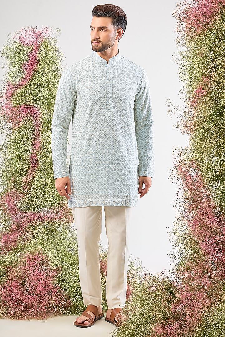 Blue Georgette Chikankari Work Short Kurta by Kasbah Clothing at Pernia's Pop Up Shop
