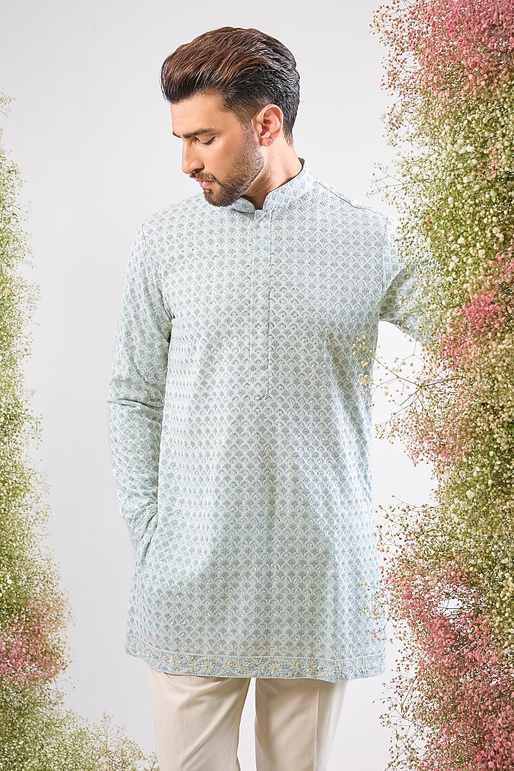 Blue Georgette Chikankari Work Short Kurta by Kasbah Clothing at Pernia's Pop Up Shop