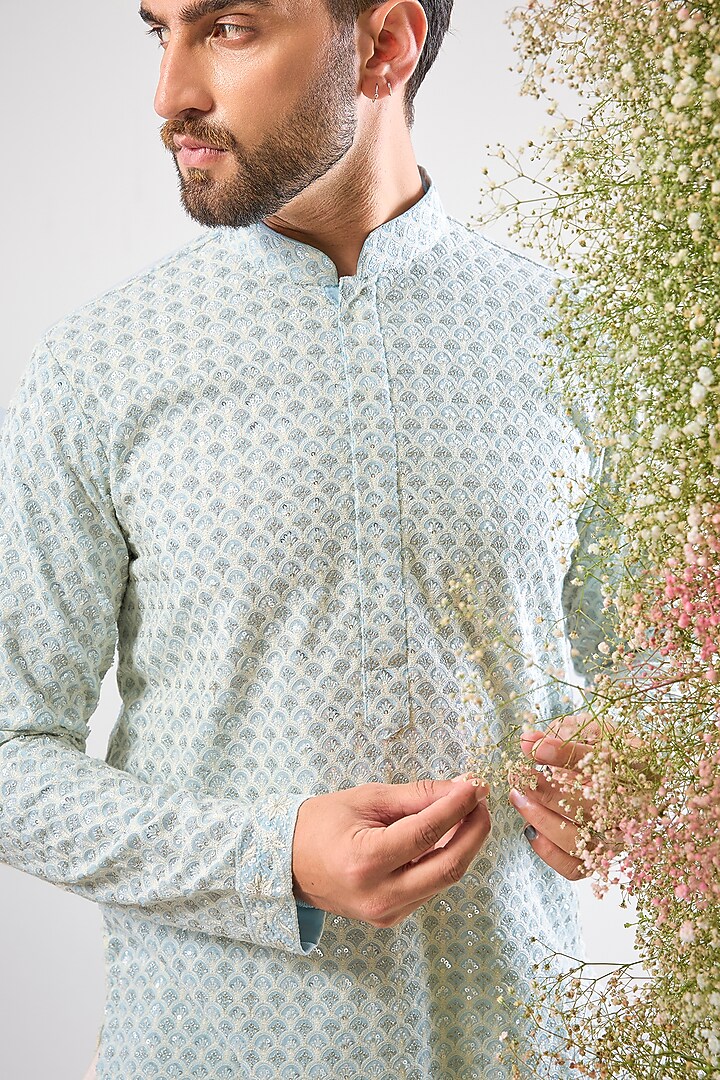 Blue Georgette Chikankari Work Short Kurta by Kasbah Clothing at Pernia's Pop Up Shop