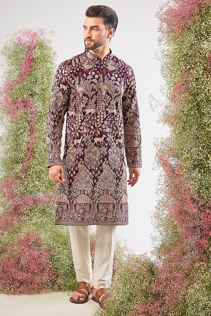 Wine Georgette Sequin & Zari Work Kurta by Kasbah Clothing at Pernia's Pop Up Shop