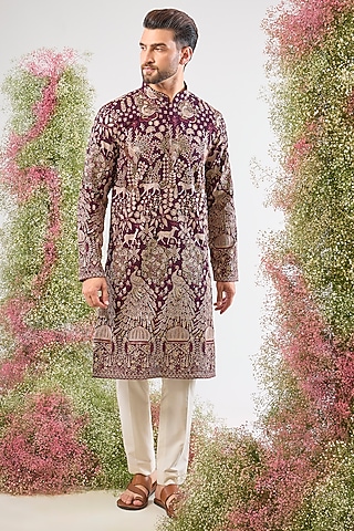 Wine Georgette Sequin & Zari Work Kurta by Kasbah Clothing