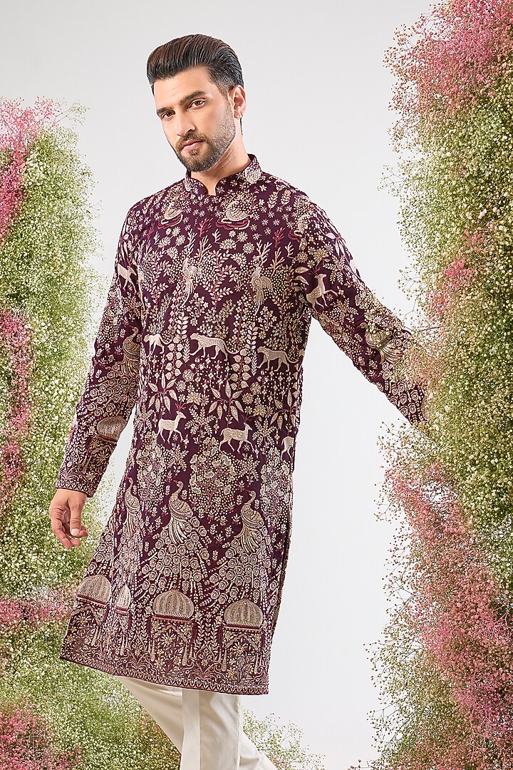 Wine Georgette Sequin & Zari Work Kurta by Kasbah Clothing at Pernia's Pop Up Shop