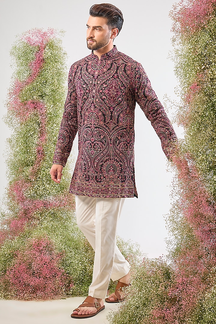 Black Georgette Kashmiri Embroidered Short Kurta by Kasbah Clothing at Pernia's Pop Up Shop