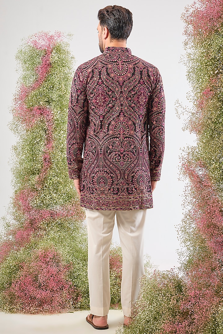 Black Georgette Kashmiri Embroidered Short Kurta by Kasbah Clothing at Pernia's Pop Up Shop