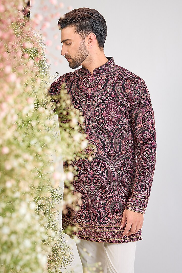 Black Georgette Kashmiri Embroidered Short Kurta by Kasbah Clothing at Pernia's Pop Up Shop