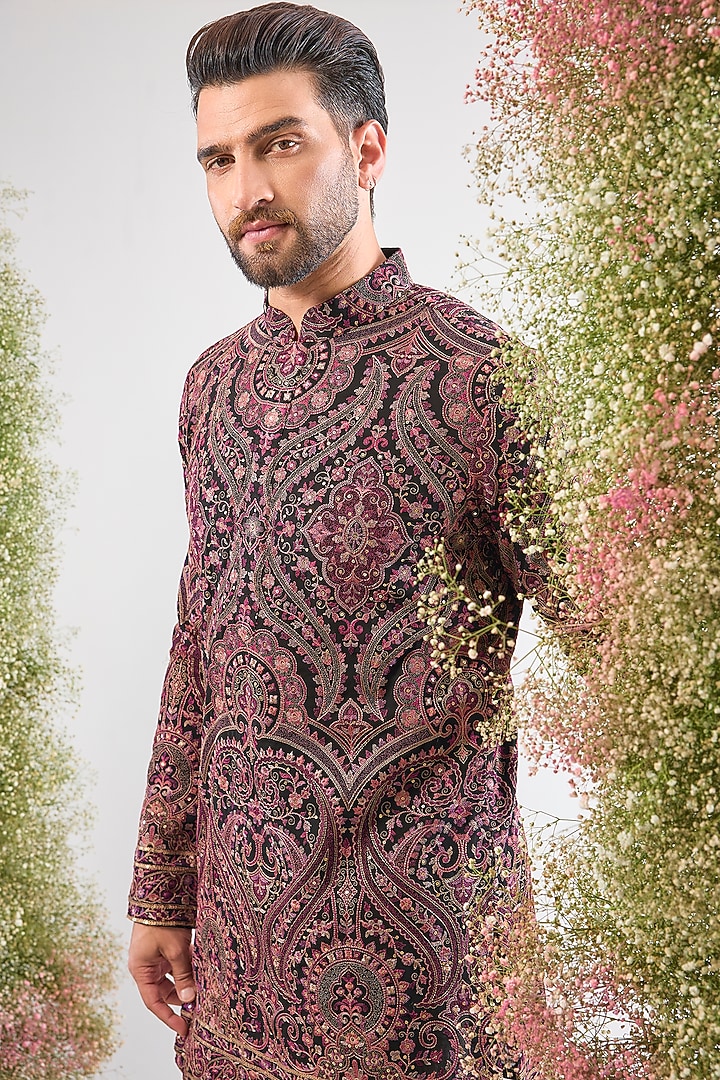 Black Georgette Kashmiri Embroidered Short Kurta by Kasbah Clothing at Pernia's Pop Up Shop