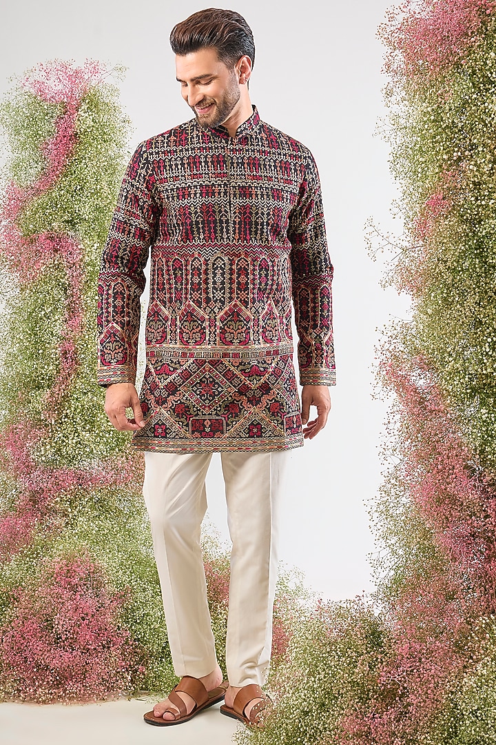 Multi-Colored Georgette Kashmiri Embroidered Short Kurta by Kasbah Clothing at Pernia's Pop Up Shop