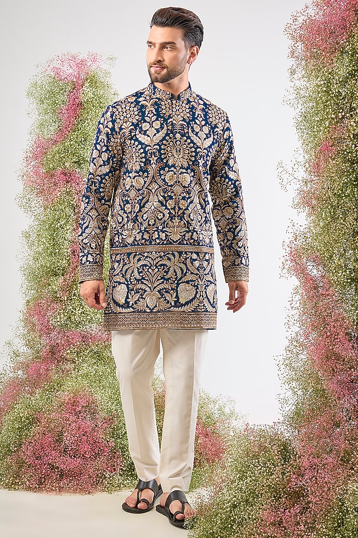 Royal Blue Georgette Sequin & Floral Embroidered Kurta by Kasbah Clothing at Pernia's Pop Up Shop