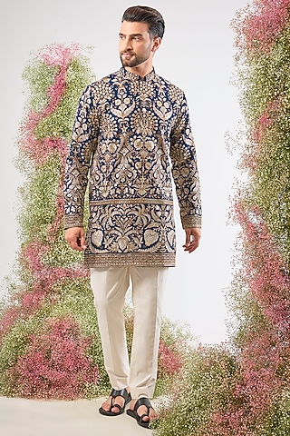Royal Blue Georgette Sequin & Floral Embroidered Kurta by Kasbah Clothing
