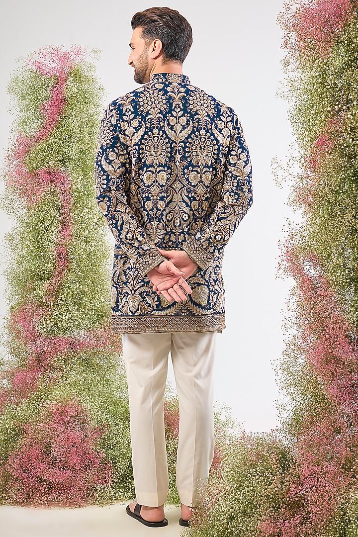 Royal Blue Georgette Sequin & Floral Embroidered Kurta by Kasbah Clothing at Pernia's Pop Up Shop