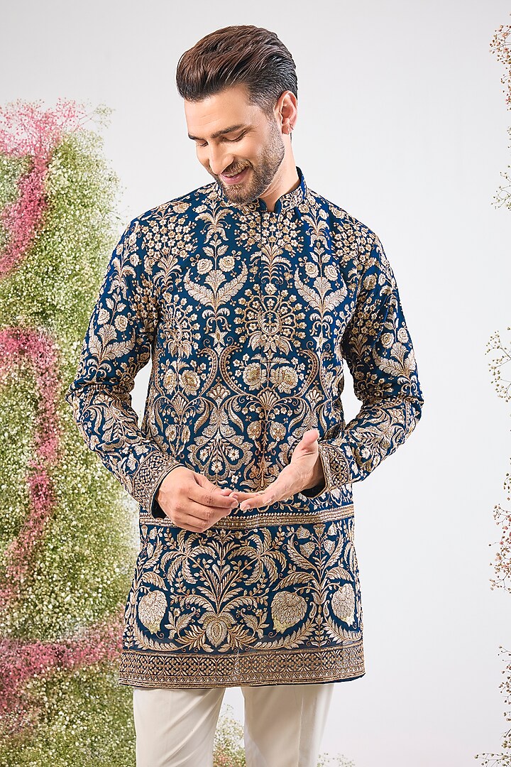 Royal Blue Georgette Sequin & Floral Embroidered Kurta by Kasbah Clothing at Pernia's Pop Up Shop