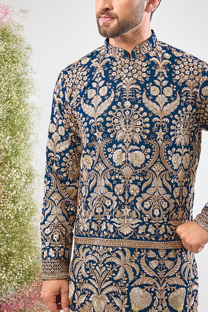 Royal Blue Georgette Sequin & Floral Embroidered Kurta by Kasbah Clothing at Pernia's Pop Up Shop