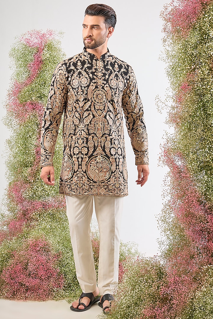 Black Georgette Floral Embroidered Short Kurta by Kasbah Clothing at Pernia's Pop Up Shop