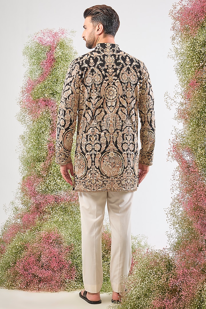 Black Georgette Floral Embroidered Short Kurta by Kasbah Clothing at Pernia's Pop Up Shop