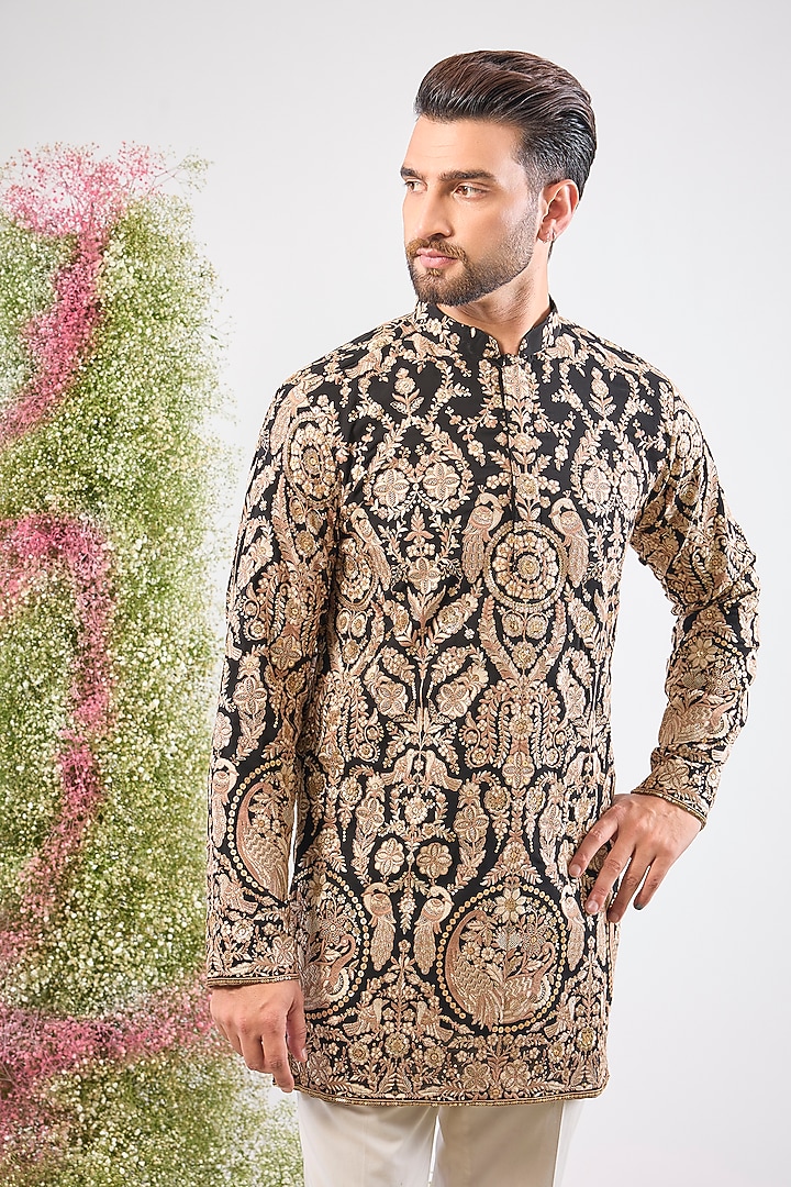 Black Georgette Floral Embroidered Short Kurta by Kasbah Clothing at Pernia's Pop Up Shop