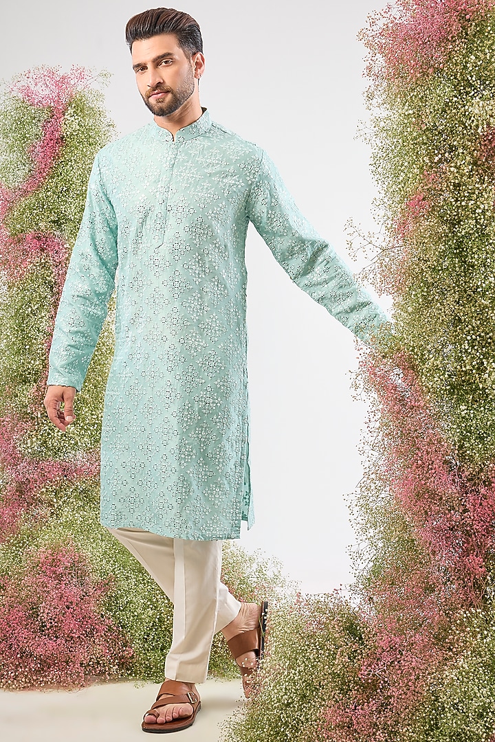 Blue Silk Mirror & Thread Work Kurta by Kasbah Clothing at Pernia's Pop Up Shop