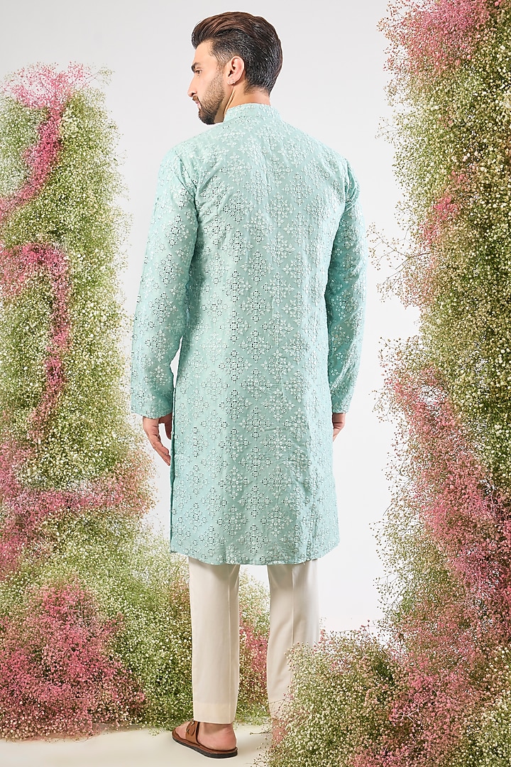 Blue Silk Mirror & Thread Work Kurta by Kasbah Clothing at Pernia's Pop Up Shop