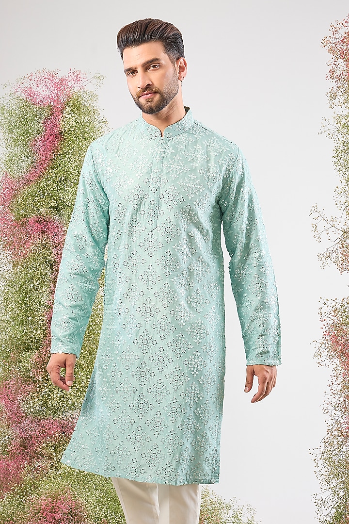 Blue Silk Mirror & Thread Work Kurta by Kasbah Clothing at Pernia's Pop Up Shop