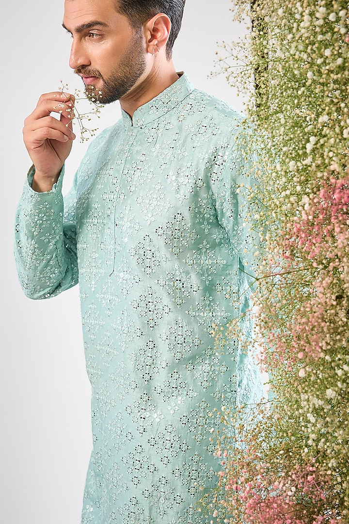 Blue Silk Mirror & Thread Work Kurta by Kasbah Clothing at Pernia's Pop Up Shop