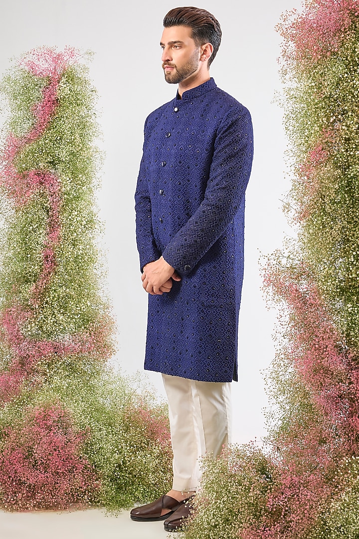 Blue Silk Cutdana Hand Embroidered Wedding Sherwani by Kasbah Clothing at Pernia's Pop Up Shop