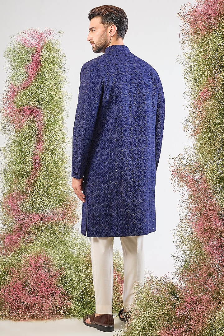 Blue Silk Cutdana Hand Embroidered Wedding Sherwani by Kasbah Clothing at Pernia's Pop Up Shop