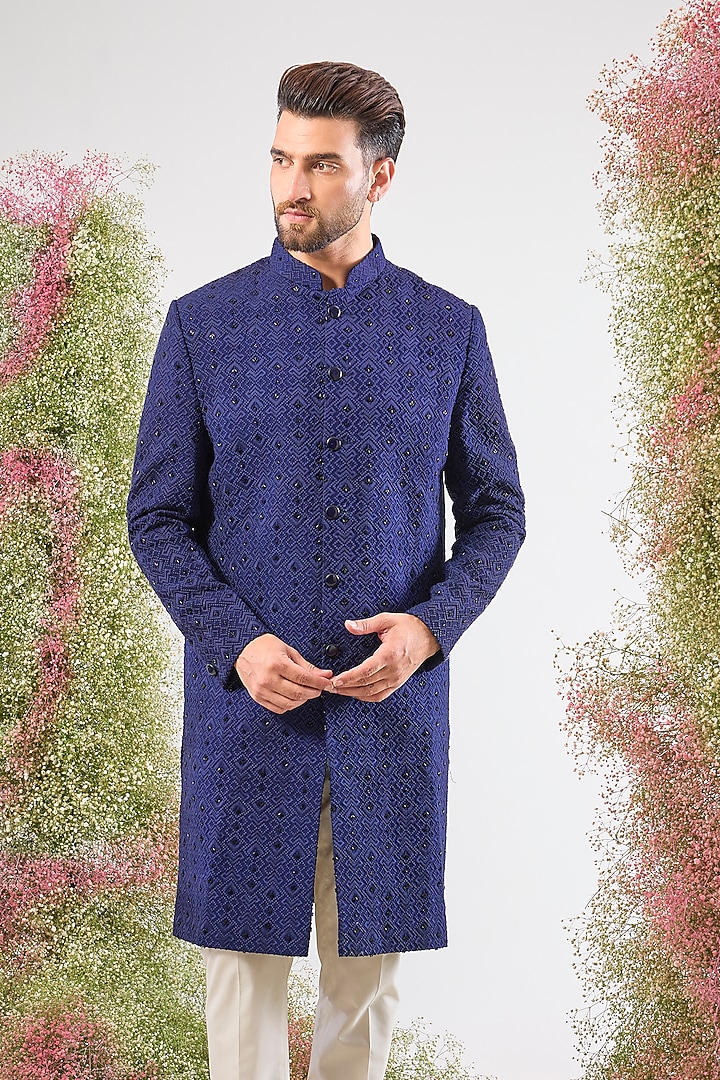 Blue Silk Cutdana Hand Embroidered Wedding Sherwani by Kasbah Clothing at Pernia's Pop Up Shop