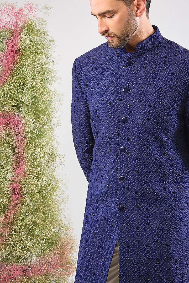 Blue Silk Cutdana Hand Embroidered Wedding Sherwani by Kasbah Clothing at Pernia's Pop Up Shop