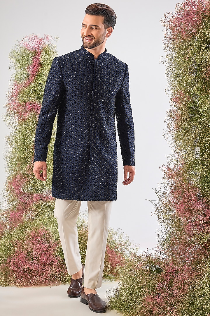 Blue Silk Hand-embroidered Short Wedding Sherwani by Kasbah Clothing at Pernia's Pop Up Shop