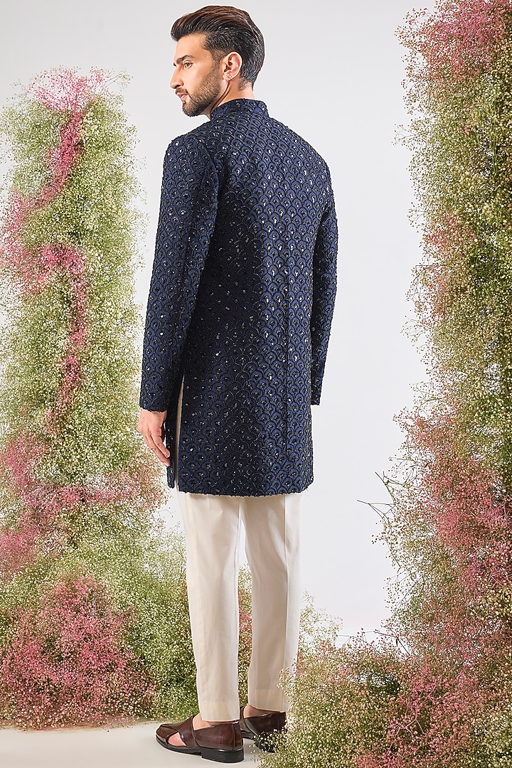 Blue Silk Hand-embroidered Short Wedding Sherwani by Kasbah Clothing at Pernia's Pop Up Shop