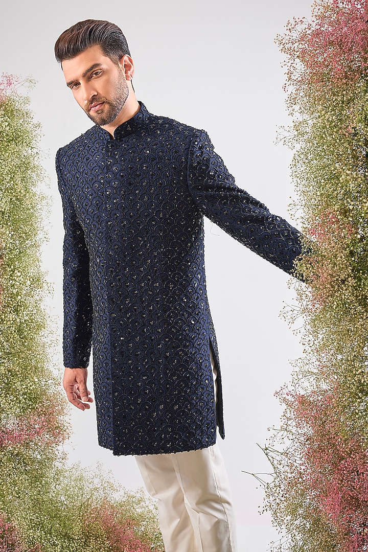 Blue Silk Hand-embroidered Short Wedding Sherwani by Kasbah Clothing at Pernia's Pop Up Shop