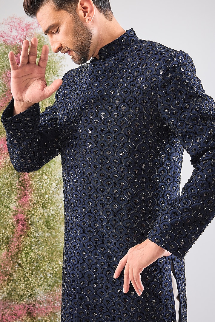 Blue Silk Hand-embroidered Short Wedding Sherwani by Kasbah Clothing at Pernia's Pop Up Shop