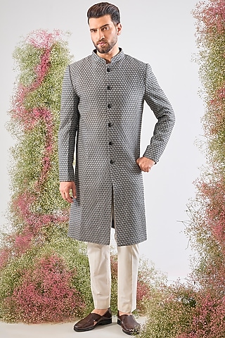 Grey Silk Thread Work Sherwani by Kasbah Clothing