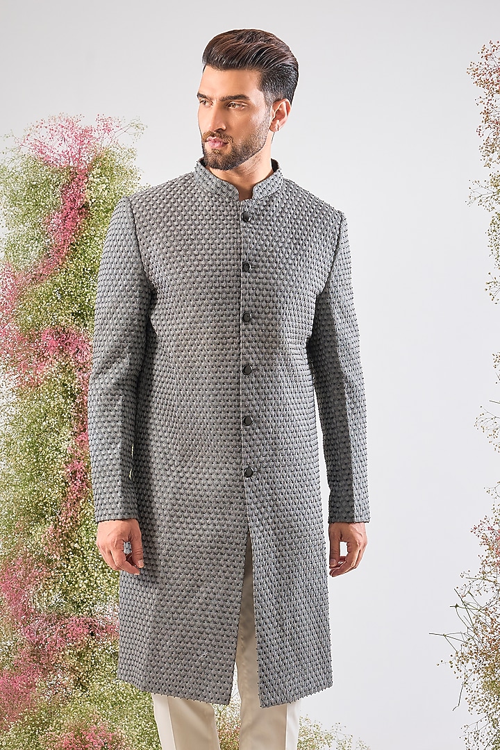 Grey Silk Thread Work Wedding Sherwani by Kasbah Clothing at Pernia's Pop Up Shop