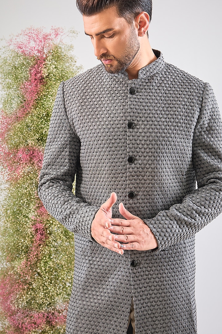 Grey Silk Thread Work Wedding Sherwani by Kasbah Clothing at Pernia's Pop Up Shop