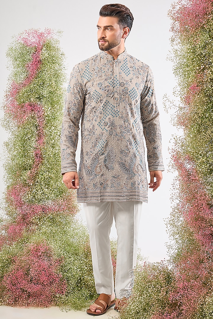 Beige Georgette Chikankari Embroidered Short Kurta by Kasbah Clothing at Pernia's Pop Up Shop