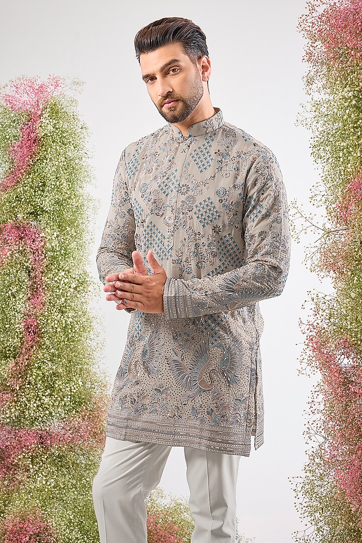 Beige Georgette Chikankari Embroidered Short Kurta by Kasbah Clothing at Pernia's Pop Up Shop