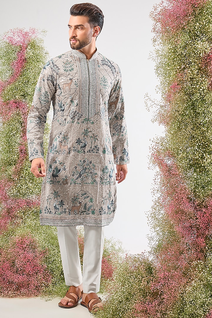 Beige Georgette Sequin Embroidered Kurta by Kasbah Clothing at Pernia's Pop Up Shop