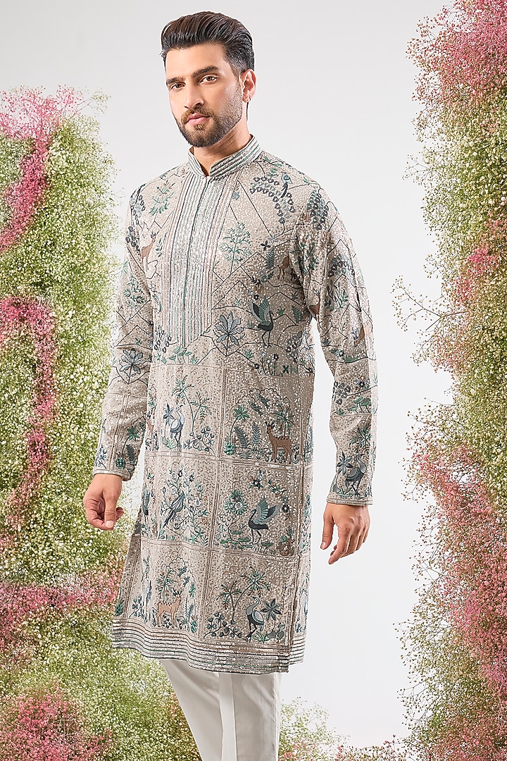 Beige Georgette Sequin Embroidered Kurta by Kasbah Clothing at Pernia's Pop Up Shop
