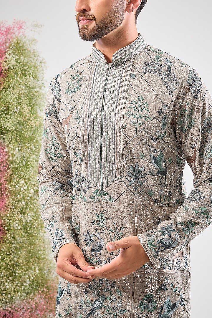 Beige Georgette Sequin Embroidered Kurta by Kasbah Clothing at Pernia's Pop Up Shop