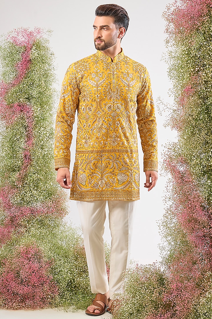 Yellow Georgette Zari Sequin Embroidered Short Kurta by Kasbah Clothing at Pernia's Pop Up Shop