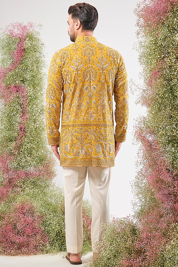 Yellow Georgette Zari Sequin Embroidered Short Kurta by Kasbah Clothing at Pernia's Pop Up Shop