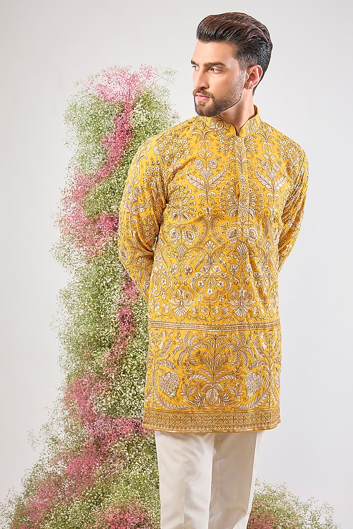 Yellow Georgette Zari Sequin Embroidered Short Kurta by Kasbah Clothing at Pernia's Pop Up Shop